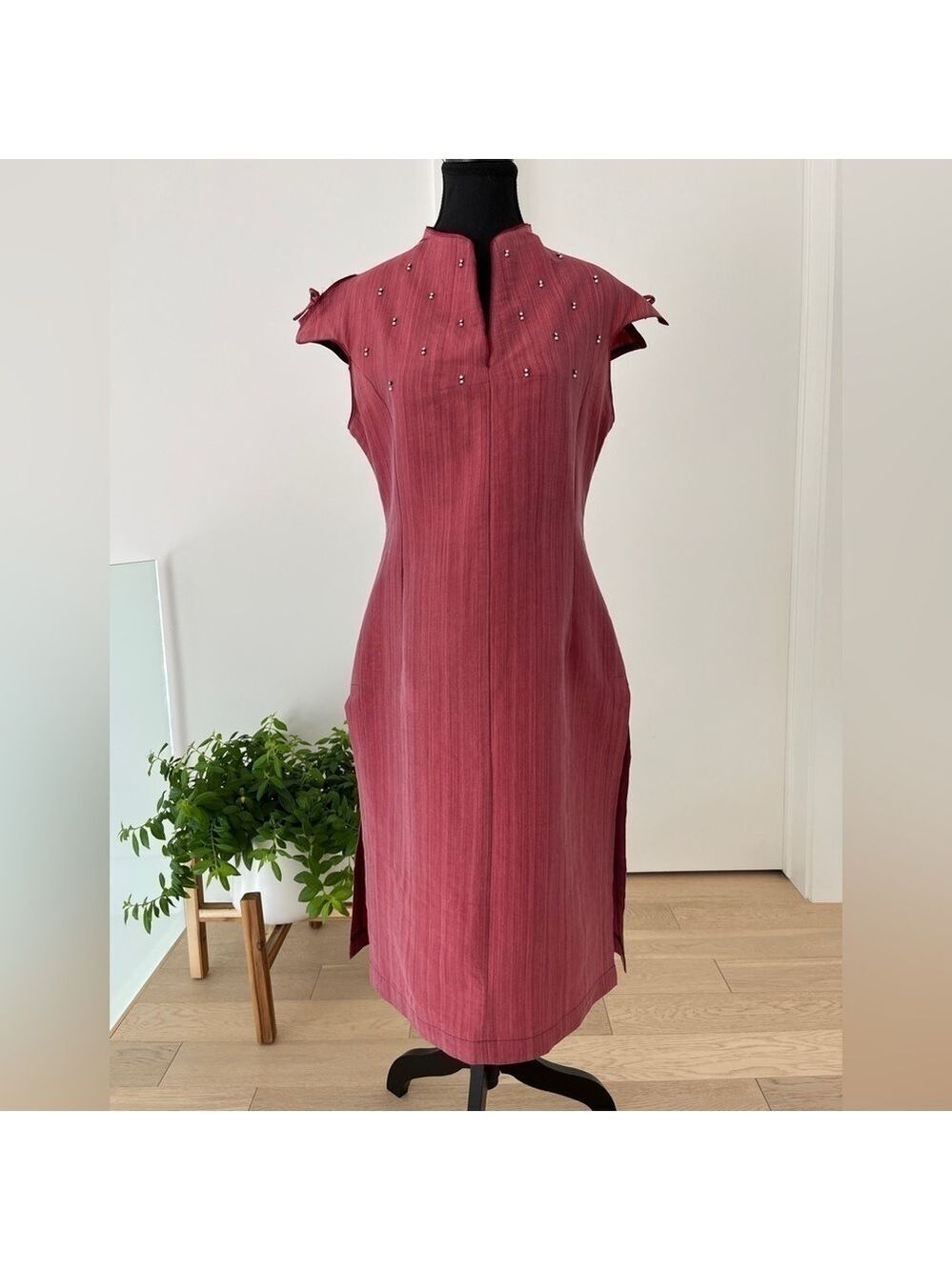 MAGGIE WALT Sleeveless Dress Side Slits Pearls Rhinestones Form Fitting Party